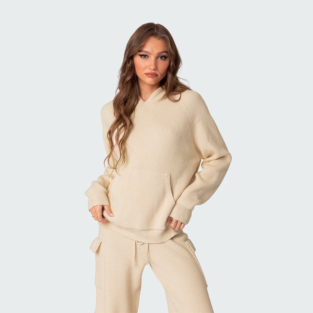 Women's Ribbed Knit Hoodie & Trouser Set in Cream