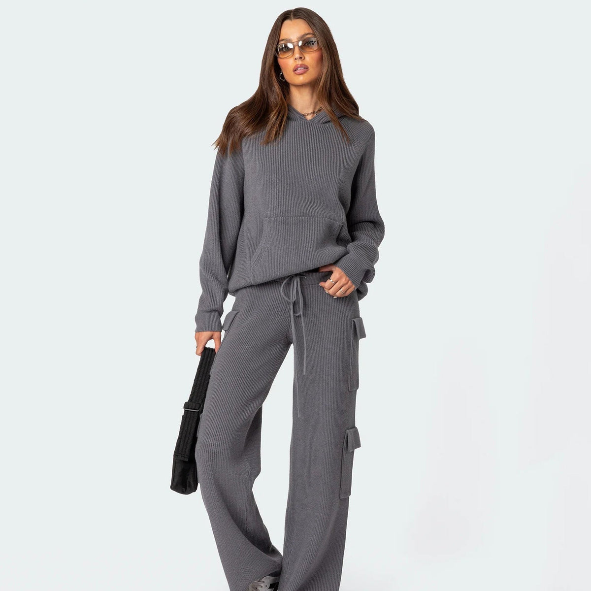 Women's Ribbed Knit Hoodie & Trouser Set in Grey