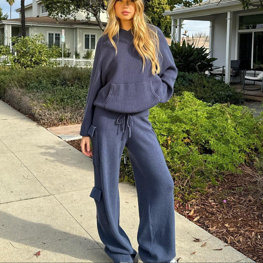 Women's Ribbed Knit Hoodie & Trouser Set in Navy