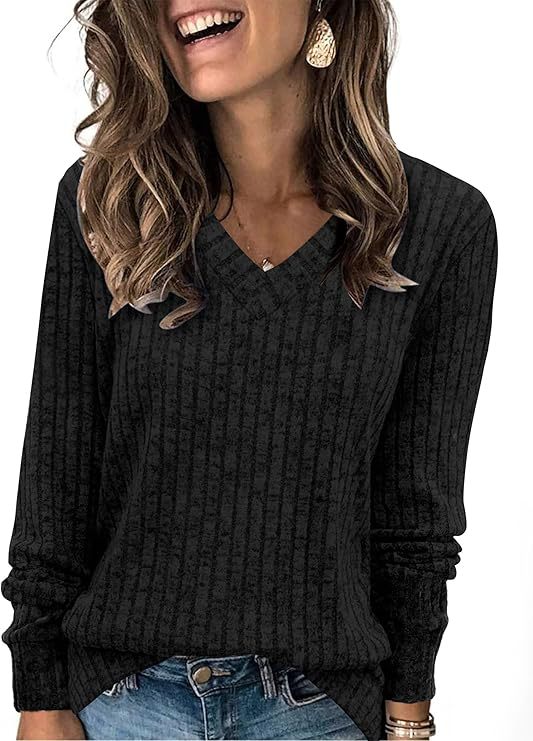 Women's Ribbed V Neck Sweater in Black