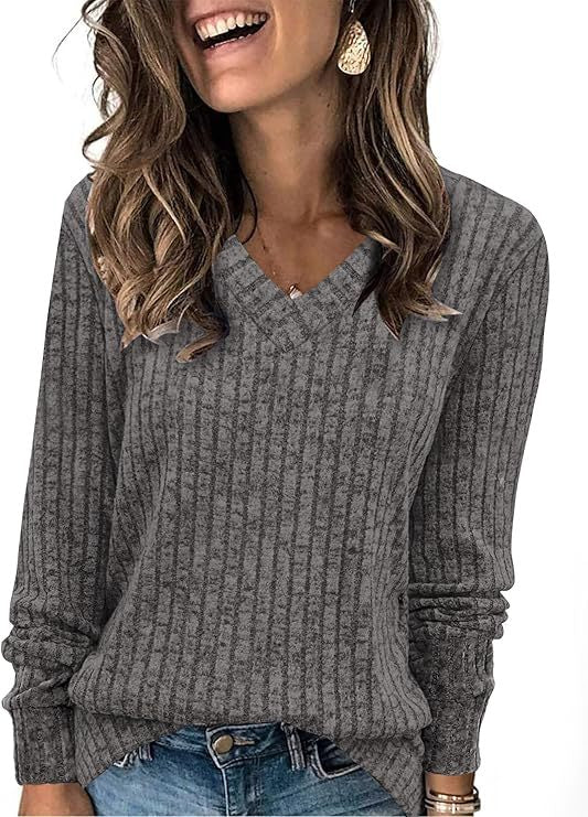 Women's Ribbed V Neck Sweater in Charcoal Grey