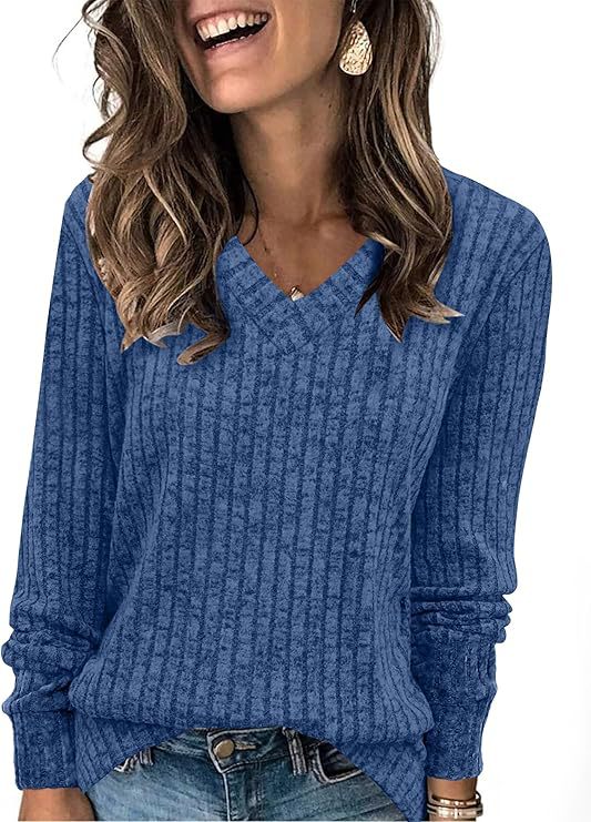 Women's Ribbed V Neck Sweater in Denim Blue