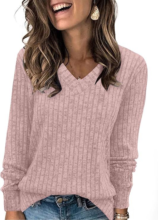 Women's Ribbed V Neck Sweater in Dusty Pink