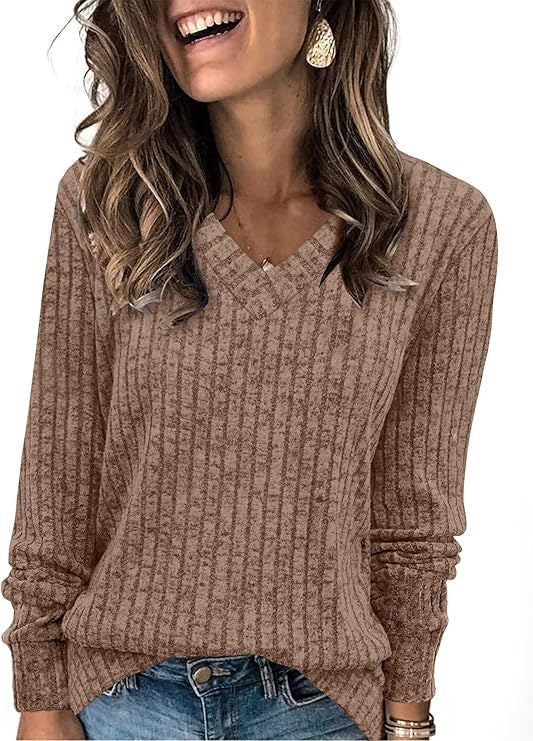 Women's Ribbed V Neck Sweater in Light Brown