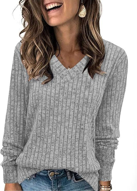 Women's Ribbed V Neck Sweater in Light Grey