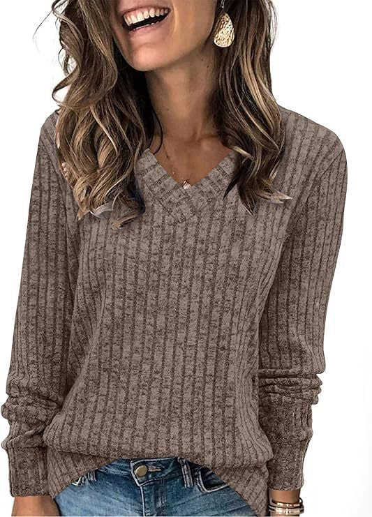 Women's Ribbed V Neck Sweater in Mocha