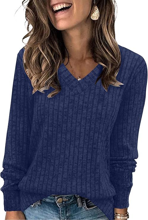 Women's Ribbed V Neck Sweater in Navy