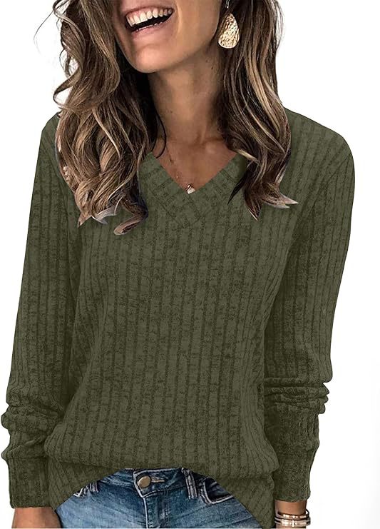 Women's Ribbed V Neck Sweater in Olive Green