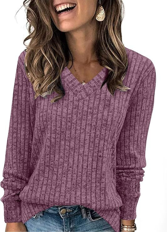Women's Ribbed V Neck Sweater in Plum