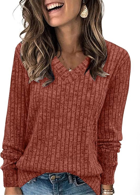 Women's Ribbed V Neck Sweater in Rust