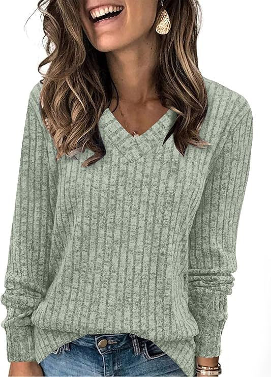 Women's Ribbed V Neck Sweater in Sage Green