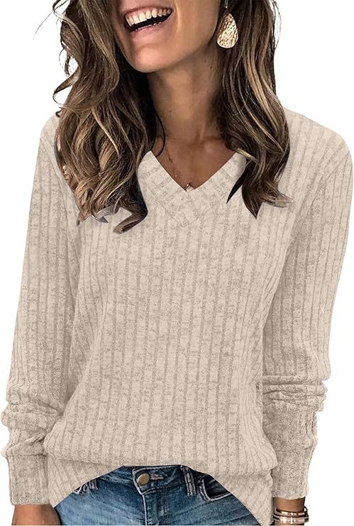 Women's Ribbed V Neck Sweater in Stone