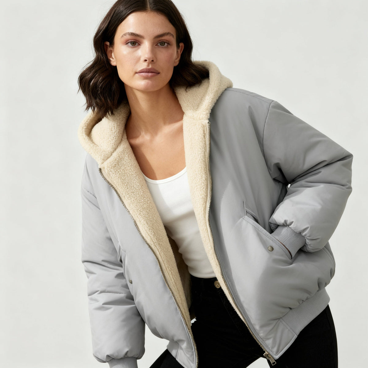 Women's Sherpa Hood Bomber Winter Jacket