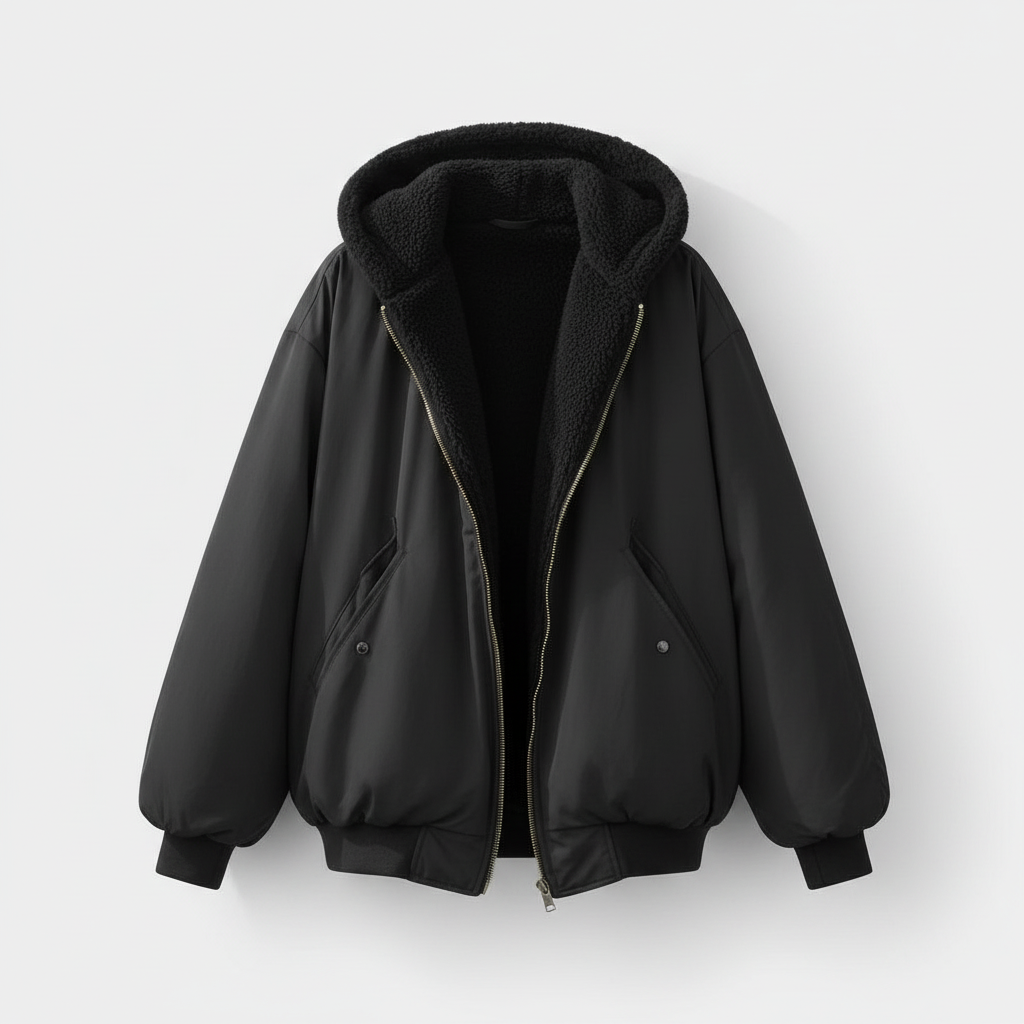 Women's Sherpa Hood Bomber Winter Jacket in Black