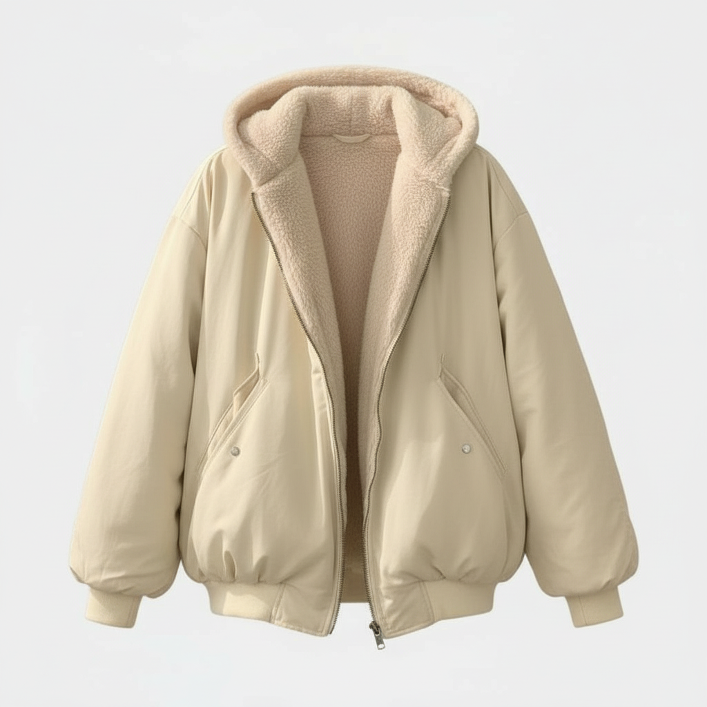 Women's Sherpa Hood Bomber Winter Jacket in Cream