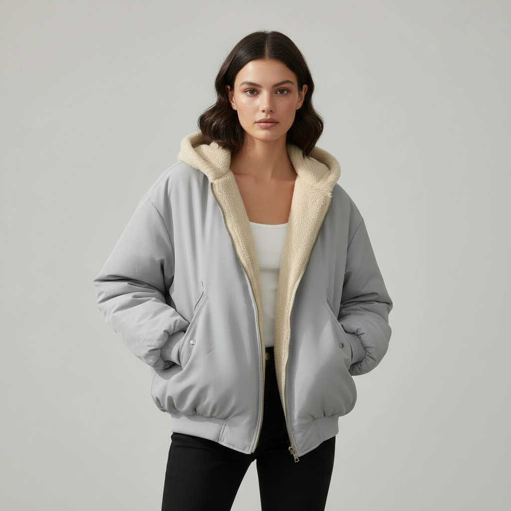 Women's Sherpa Hood Bomber Winter Jacket in Grey