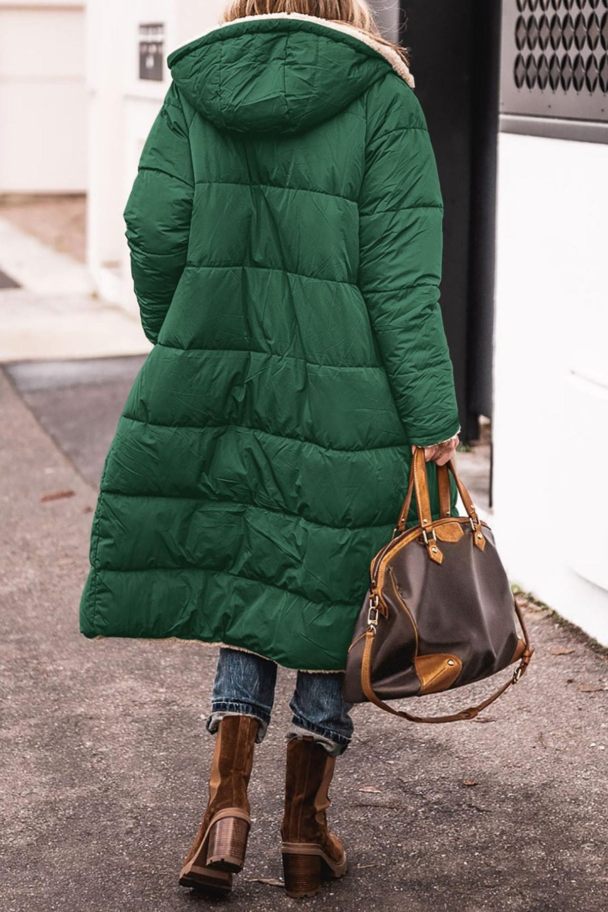 Women's Sherpa Lined Maxi Puffer Winter Jacket in Bottle Green