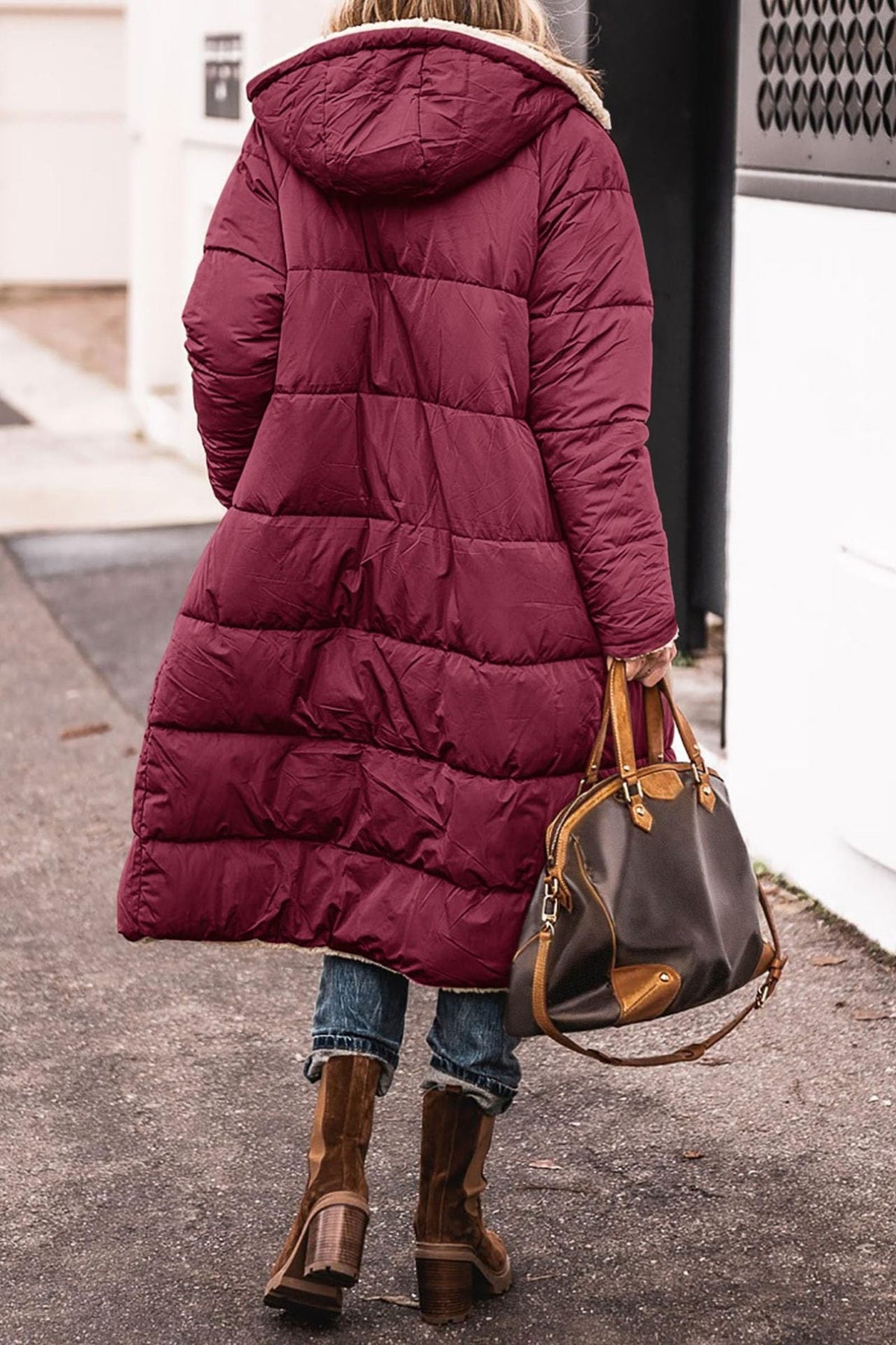 Women's Sherpa Lined Maxi Puffer Winter Jacket in Burgundy