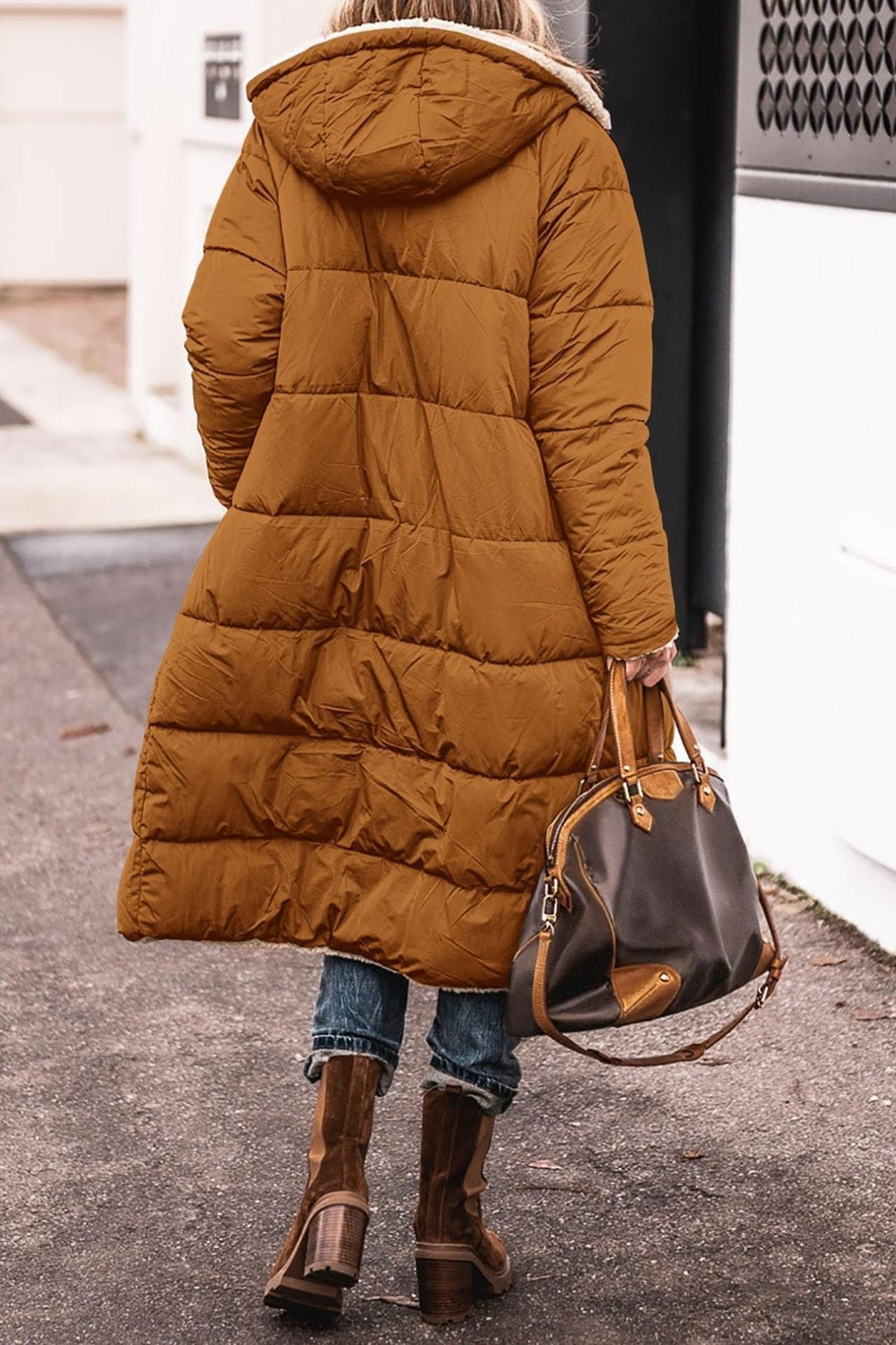 Women's Sherpa Lined Maxi Puffer Winter Jacket in Camel