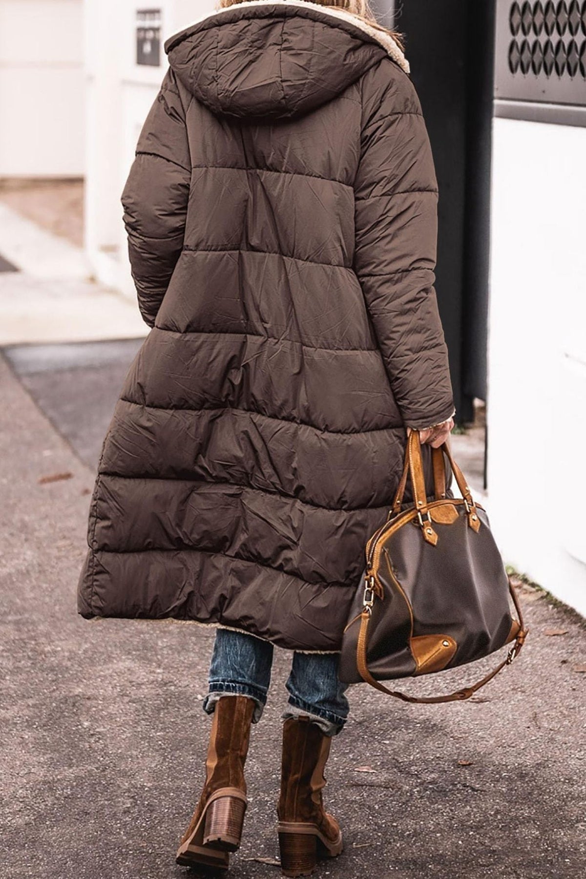Women's Sherpa Lined Maxi Puffer Winter Jacket in Coffee
