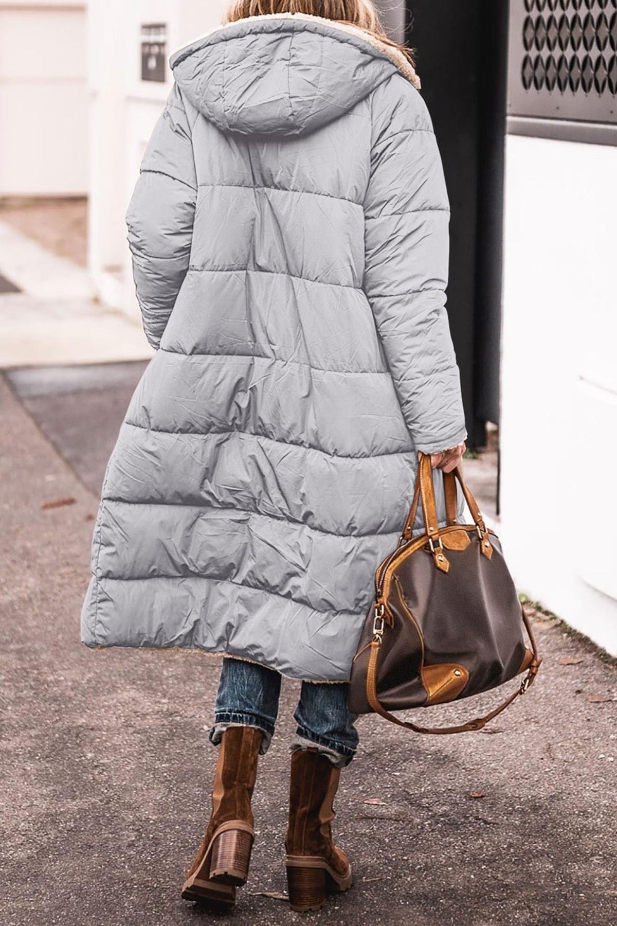 Women's Sherpa Lined Maxi Puffer Winter Jacket in Light Grey