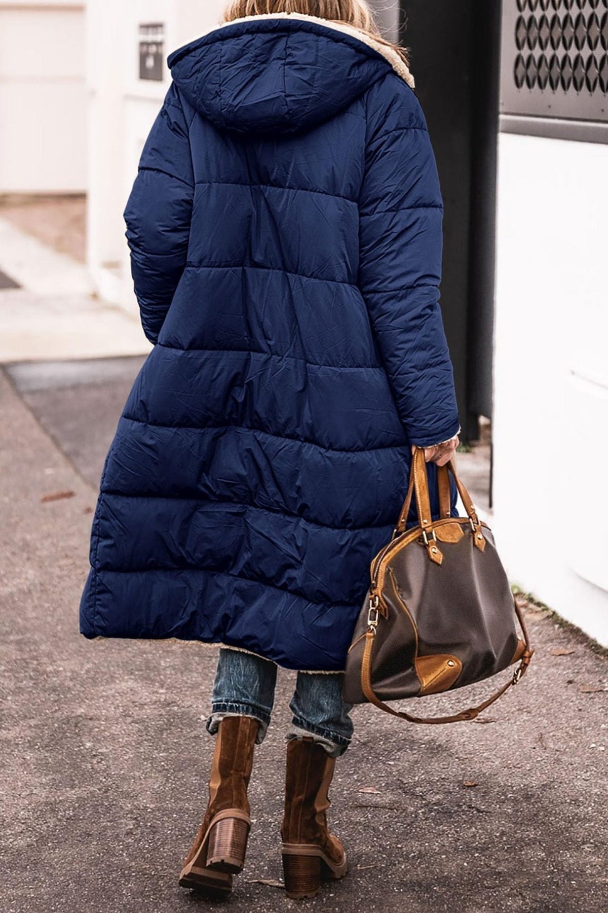 Women's Sherpa Lined Maxi Puffer Winter Jacket in Navy