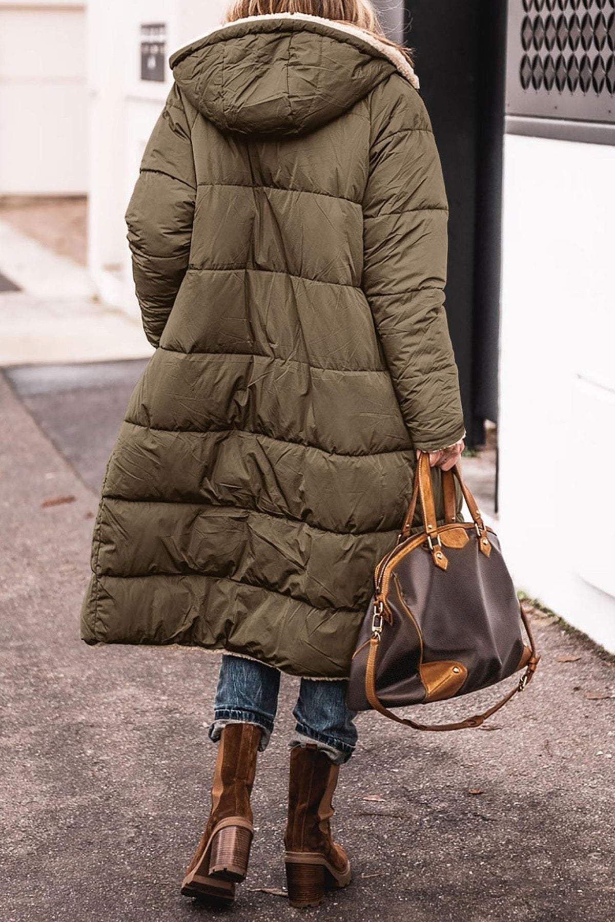 Women's Sherpa Lined Maxi Puffer Winter Jacket in Olive Green