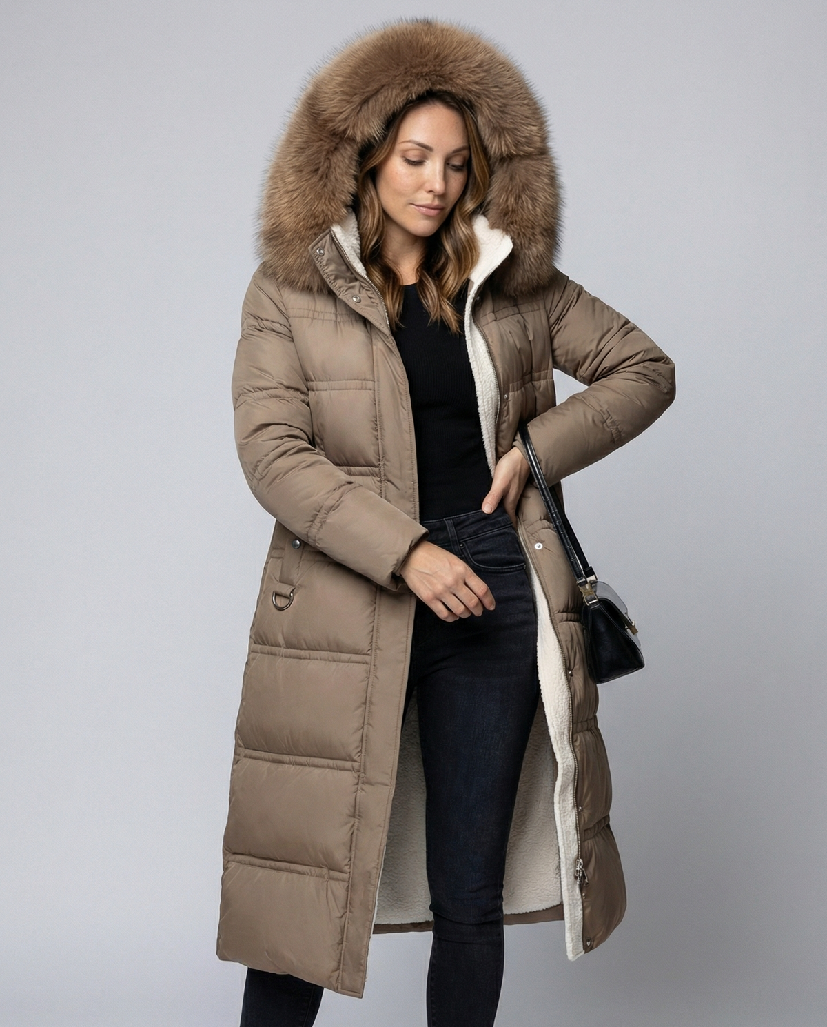 Women's Sherpa Lined Padded Coat in Taupe