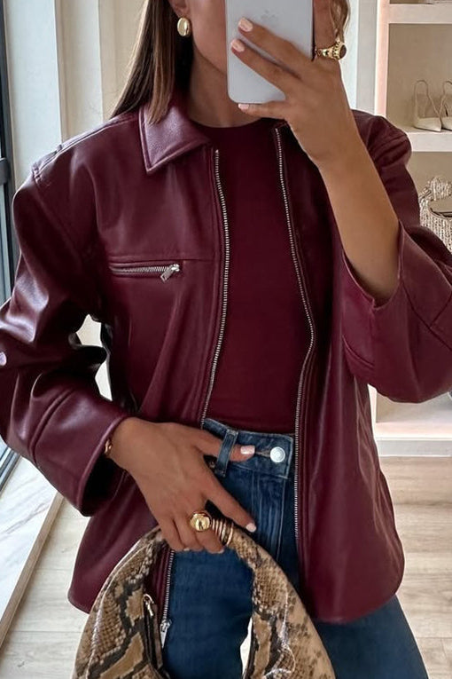 Women's Shirt Style Faux Leather Jacket in Burgundy