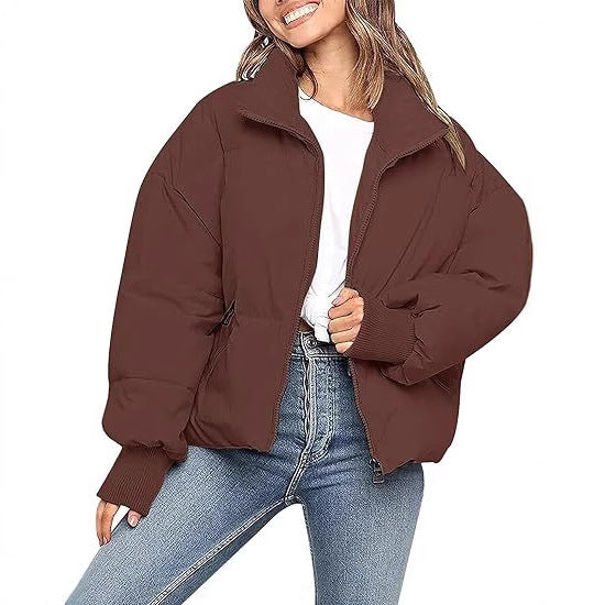 Women's Short Puffer Winter Jacket in Brown
