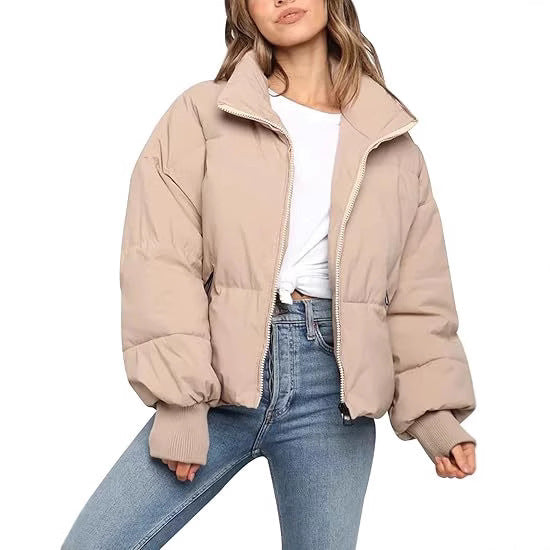 Women's Short Puffer Winter Jacket in Camel