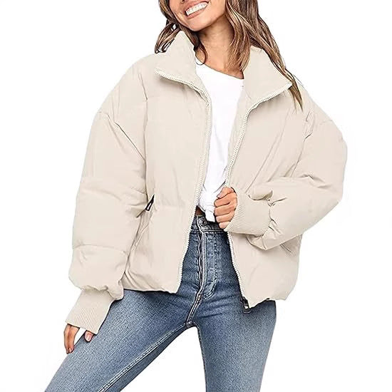 Women's Short Puffer Winter Jacket in Cream
