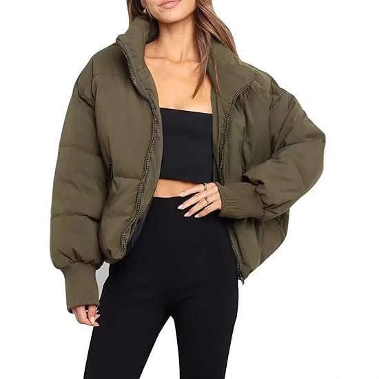 Women's Short Puffer Winter Jacket in Olive Green