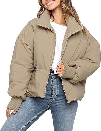 Women's Short Puffer Winter Jacket in Taupe
