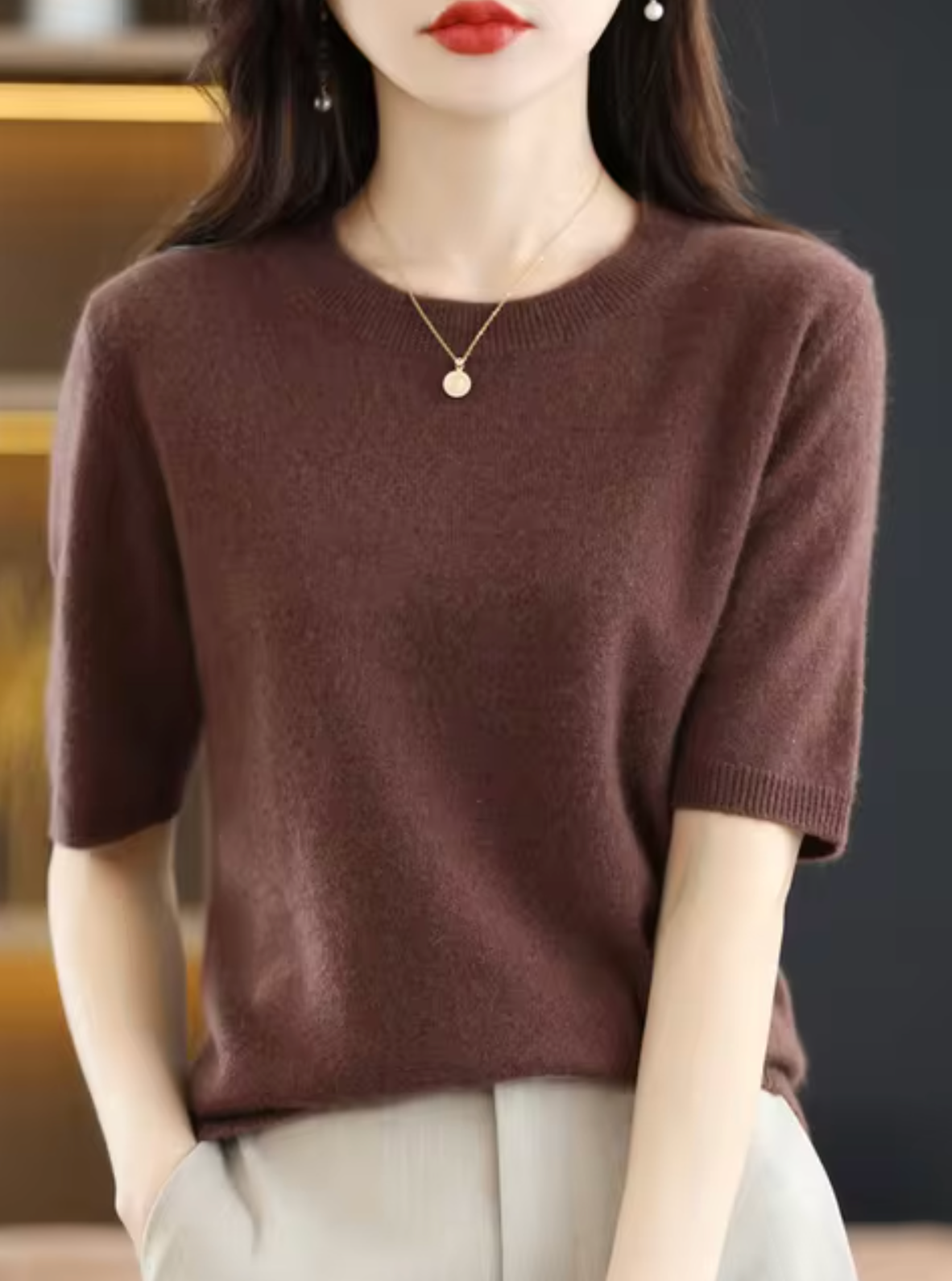 Women's Short Sleeve Knit Top in Chocolate Brown