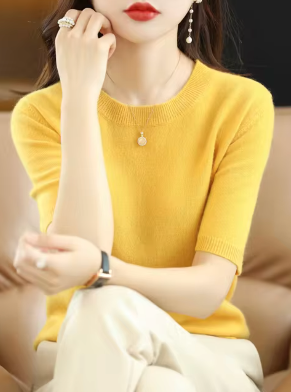Women's Short Sleeve Knit Top in Yellow