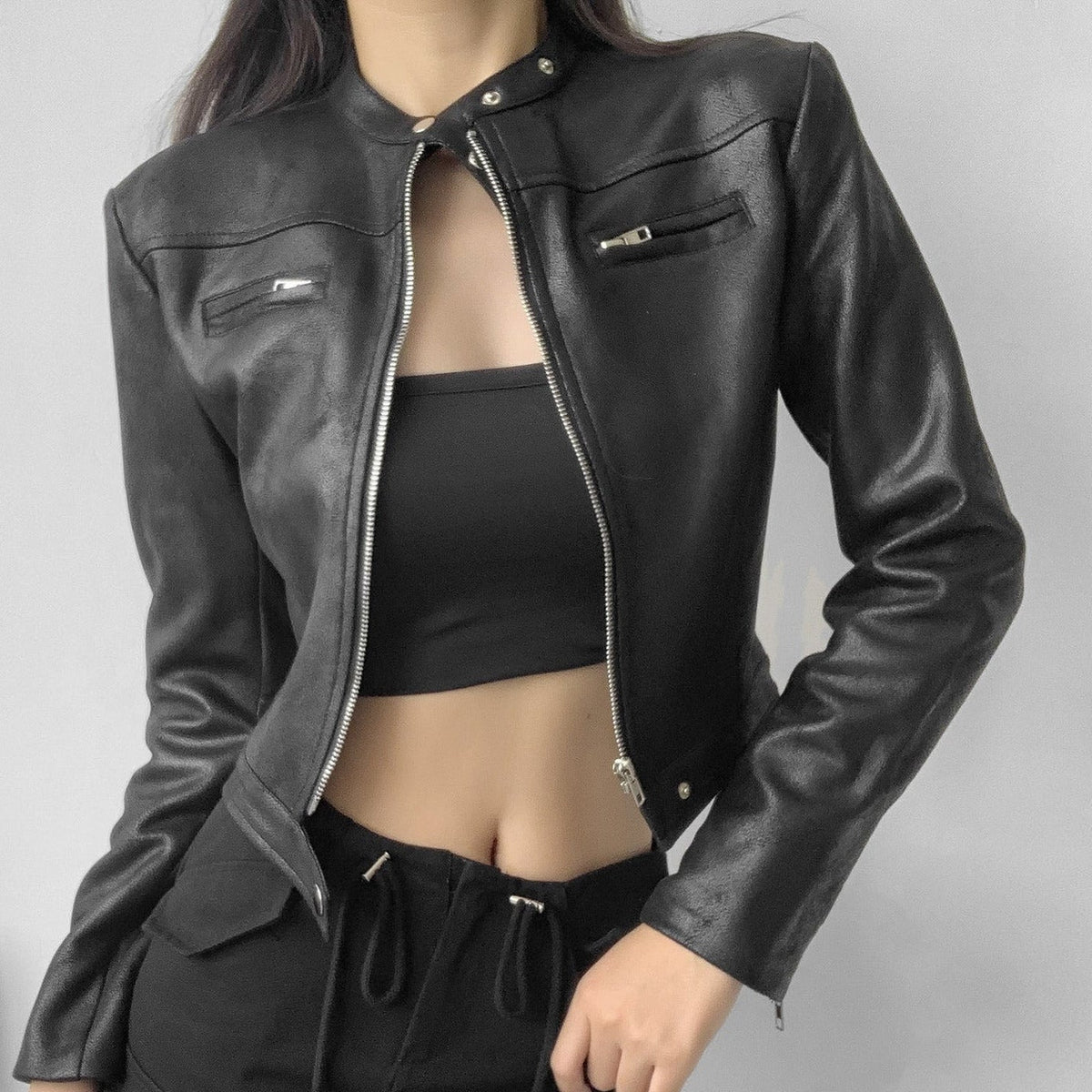 Women's Snap Collar Faux Leather Jacket