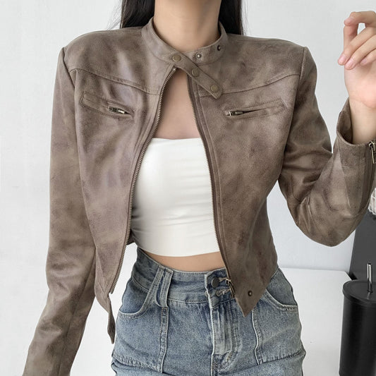 Women's Snap Collar Faux Leather Jacket