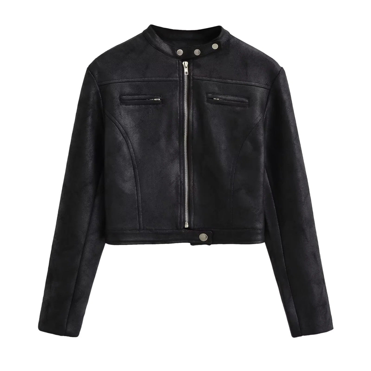 Women's Snap Collar Faux Leather Jacket in Black
