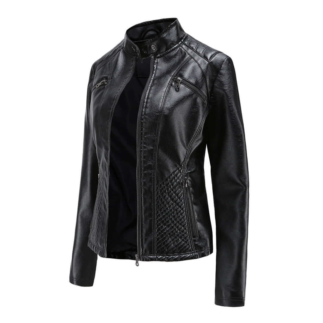 Women's Stand Collar Faux Leather Jacket in Black