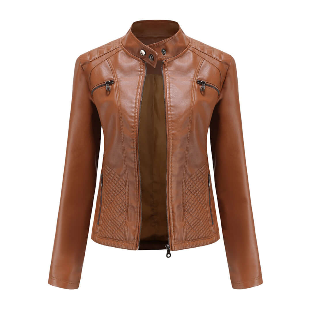 Women's Stand Collar Faux Leather Jacket in Brown