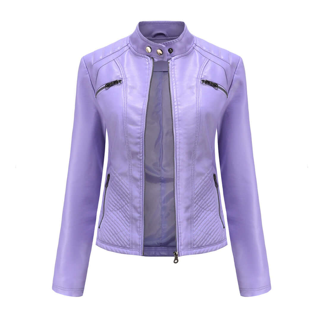 Women's Stand Collar Faux Leather Jacket in Lilac