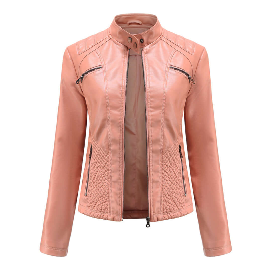 Women's Stand Collar Faux Leather Jacket in Pink
