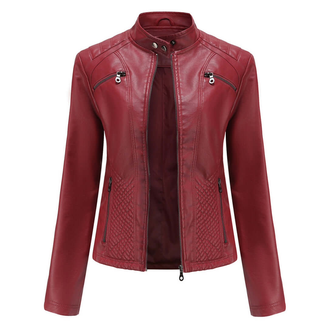 Women's Stand Collar Faux Leather Jacket in Red
