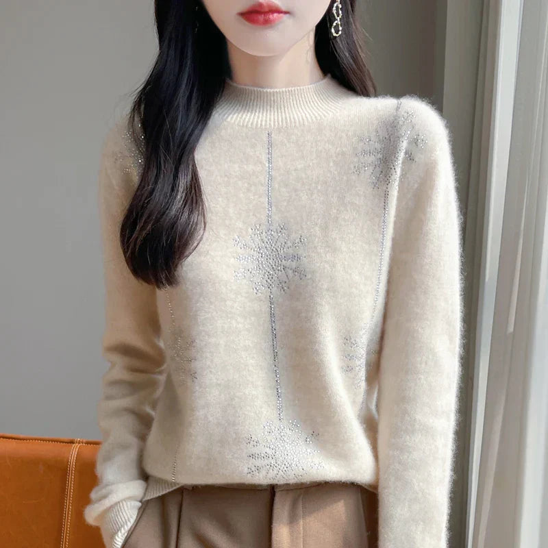 Women's Stand Collar Knit Sweater in Beige