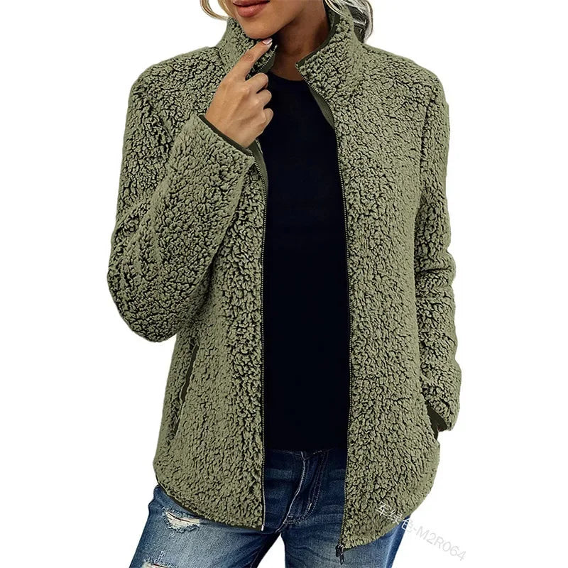 Women's Teddy Fleece Winter Jacket in Army Green