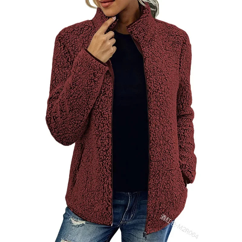 Women's Teddy Fleece Winter Jacket in Burgundy
