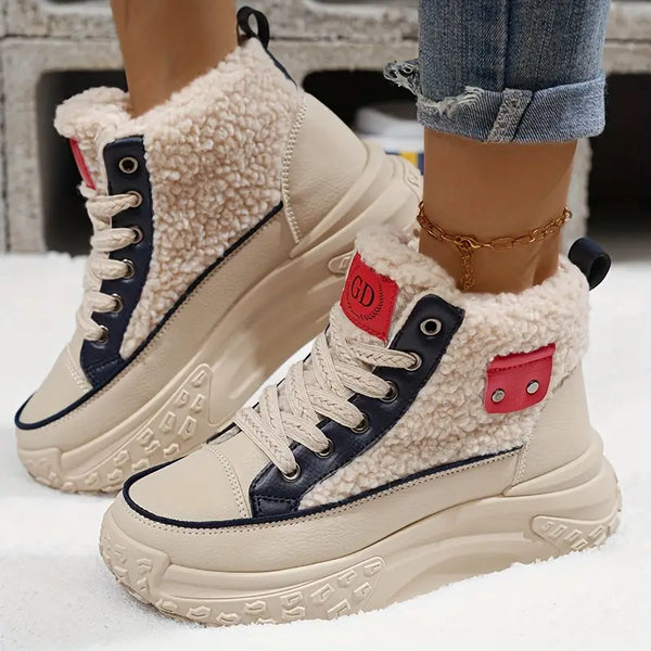 Women's Teddy Panel Platform Winter Boots in Beige & Navy