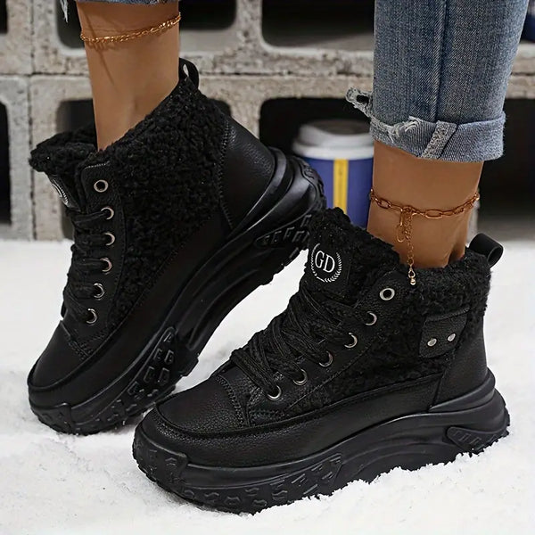 Women's Teddy Panel Platform Winter Boots in Black