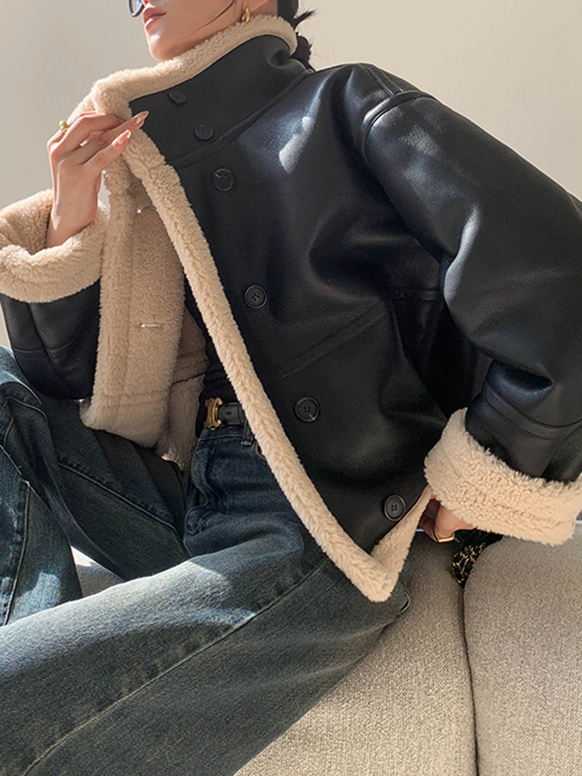 Women's Teddy Trim Faux Leather Jacket in Black